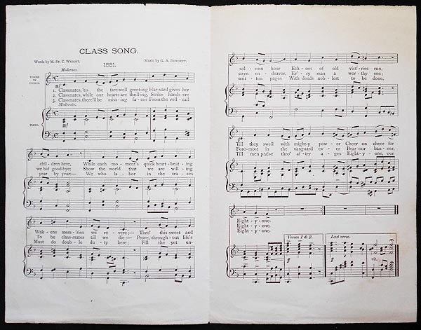 Item #006089 Class Song: 1881; Words by M. St. C. Wright; Music by G. A. Burdett [Harvard]. Merle St. Croix Wright, George Albert Burdett.