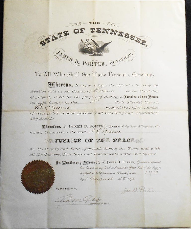 Item #006730 Justice of the Peace Commission from Governor James D. Porter of Tennessee to A. L. Greene of Roane County [Austin Letheridge Greene]
