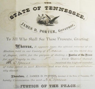 Justice of the Peace Commission from Governor James D. Porter of Tennessee to A. L. Greene of Roane County [Austin Letheridge Greene]