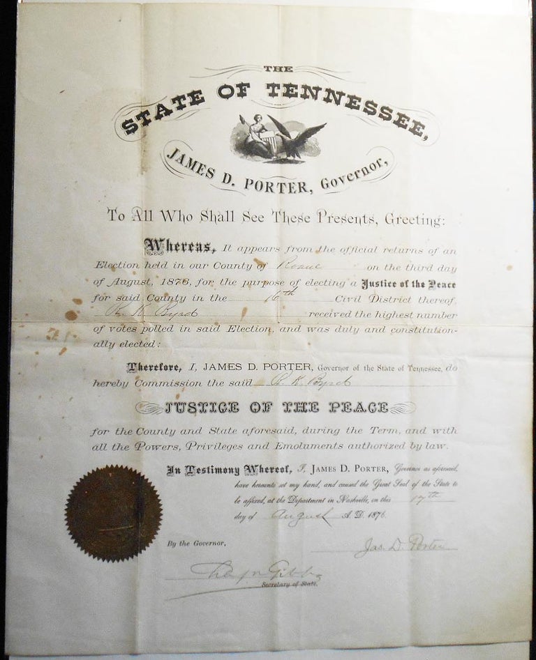 Item #006731 Justice of the Peace Commission from Governor James D. Porter of Tennessee to R. K. Byrd of Roane County [Robert King Byrd ]