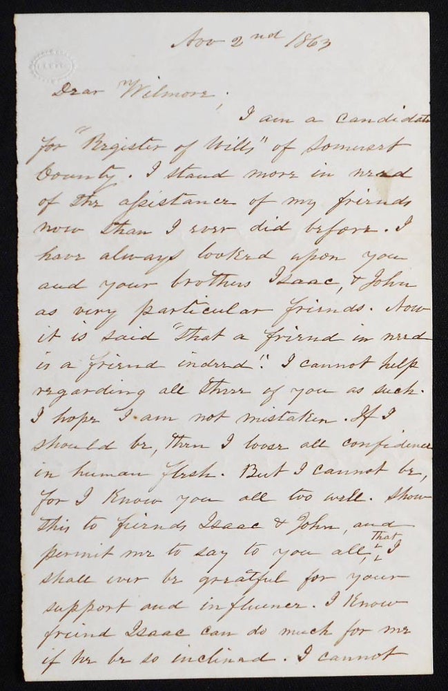 Item #006799 Handwritten letter to friend in Somerset Co. John J. Dashiell.