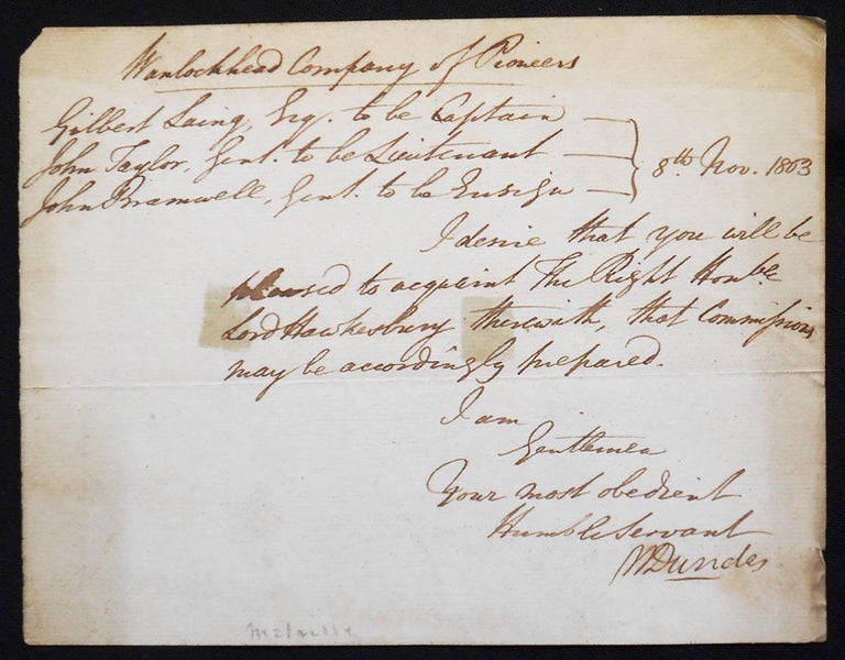 Item #006809 Handwritten letter of commission to the War Office. William Dundas.