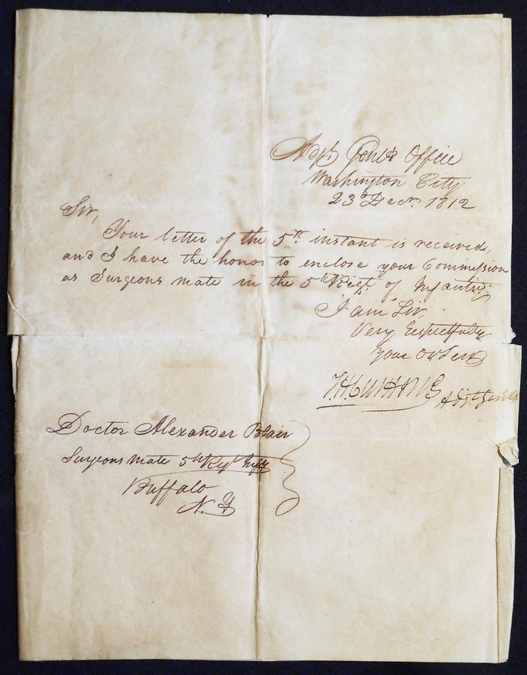 Item #006812 Commission from Adjutant General Thomas H. Cushing for Doctor Alexander Blair as Surgeon's Mate with Pennsylvania's 5th Regiment of Infantry. Thomas H. Cushing.