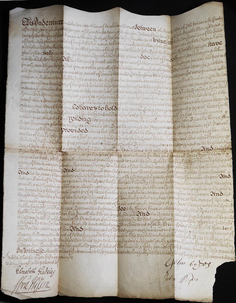 Item #006819 Handwritten mortgage: John Bydes the Elder of Little Munden and his son John Bydes the Younger of Elsworth mortgage a property in Herford Co. to Robert Hadsley of Great Munden