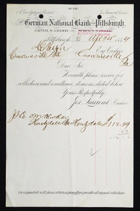 Item #006968 The German National Bank of Pittsburgh [letterhead] 1884 addressed to Alexander...