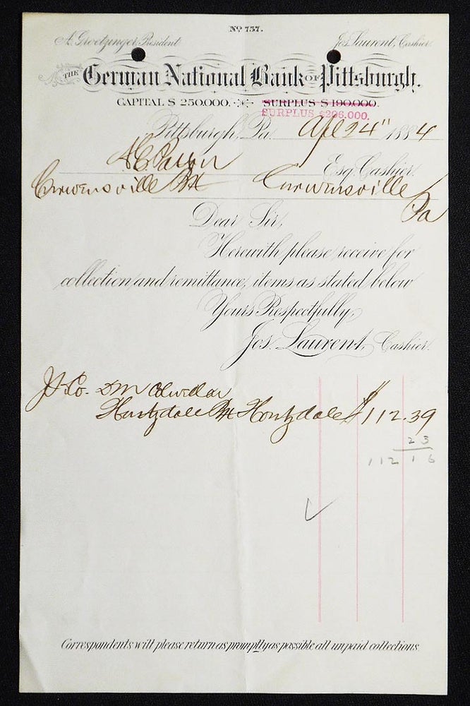 Item #006968 The German National Bank of Pittsburgh [letterhead] 1884 addressed to Alexander Ennis Patton