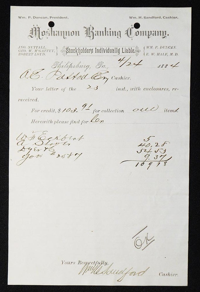 Item #006969 Moshannon Banking Company [letterhead] 1884 addressed to Alexander Ennis Patton