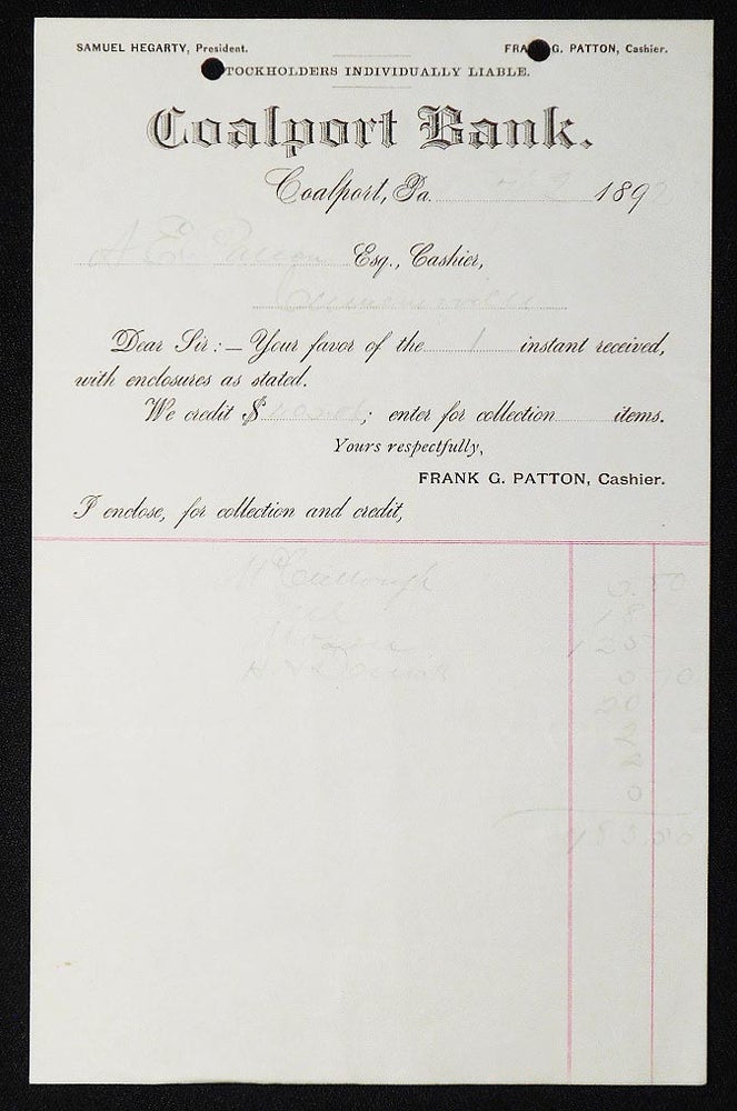 Item #006973 Coalport Bank [letterhead] 1892 addressed to Alexander Ennis Patton