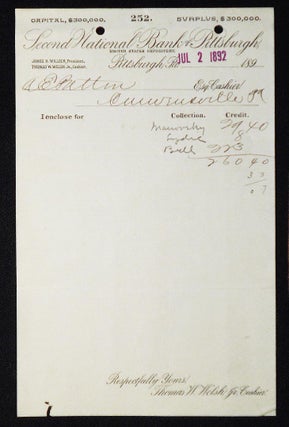 Item #006974 Second National Bank of Pittsburgh, United States Depository [letterhead] 1892...