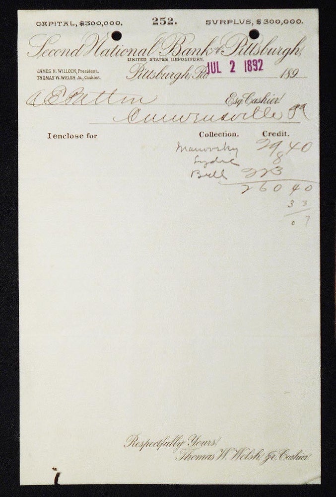 Item #006974 Second National Bank of Pittsburgh, United States Depository [letterhead] 1892 addressed to Alexander Ennis Patton