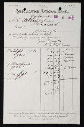 Item #006975 Consolidation National Bank, Philadelphia, Pa. [letterhead] 1892 addressed to...
