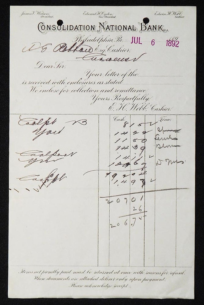 Item #006975 Consolidation National Bank, Philadelphia, Pa. [letterhead] 1892 addressed to Alexander Ennis Patton