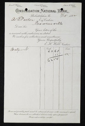Item #006976 Consolidation National Bank, Philadelphia, Pa. [letterhead] 1892 addressed to...