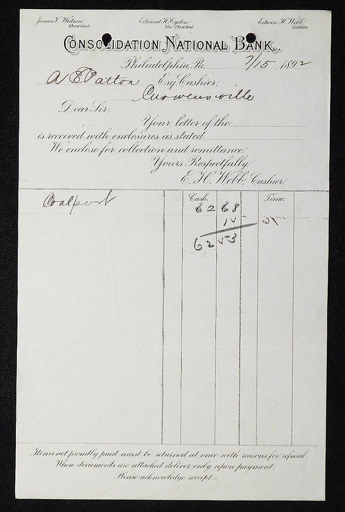 Item #006976 Consolidation National Bank, Philadelphia, Pa. [letterhead] 1892 addressed to Alexander Ennis Patton
