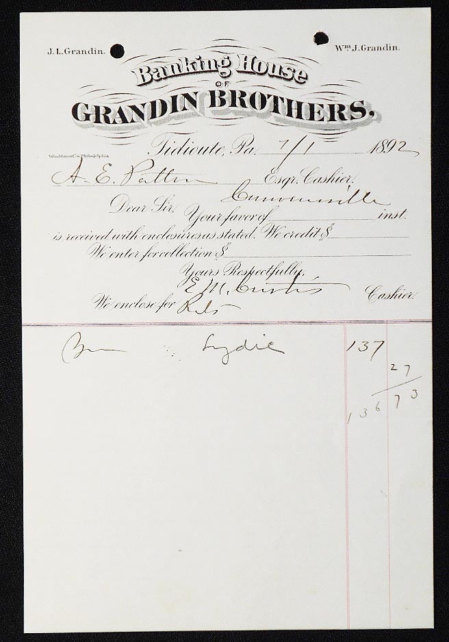 Item #006977 Banking House of Grandin Brothers [letterhead] 1892 addressed to Alexander Ennis Patton