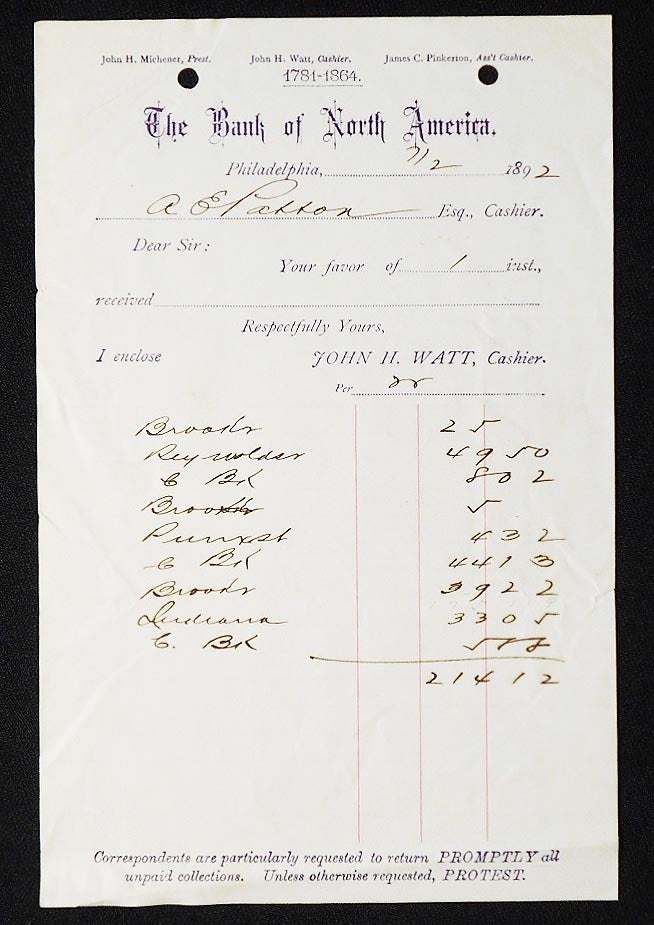 Item #006979 The Bank of North America [letterhead] 1892 addressed to Alexander Ennis Patton