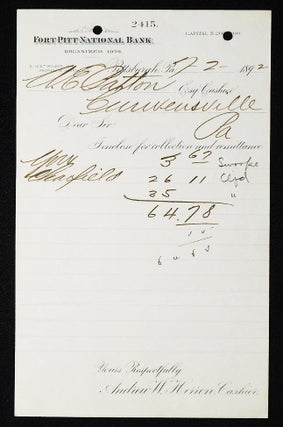 Item #006980 Fort Pitt National Bank [letterhead] 1892 addressed to Alexander Ennis Patton