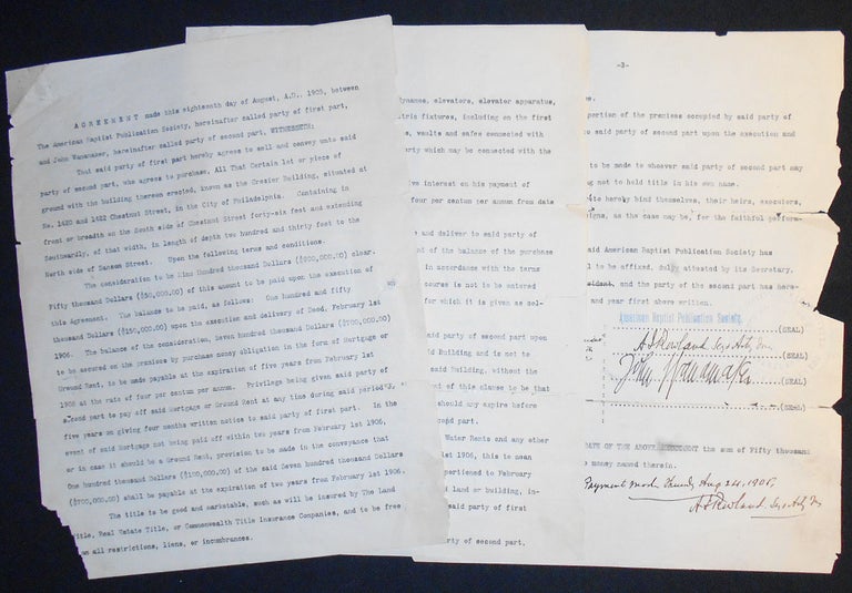 Item #007297 Agreement of Sale between the American Baptist Publication Society and John Wanamaker. John Wanamaker.