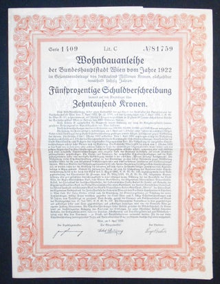 Item #007304 Wohnbauanleihe der Bundeshauptstadt Wien vom Jahre 1922 im Gesamtnenbetrage von...