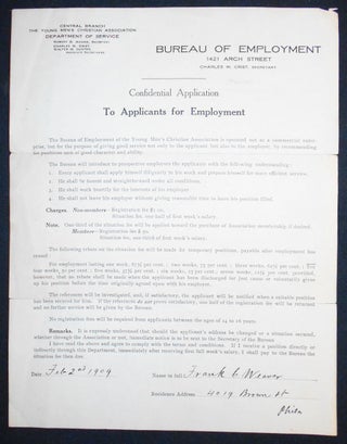 Item #007306 Confidential Application [application for employment to YMCA Department of Service]....