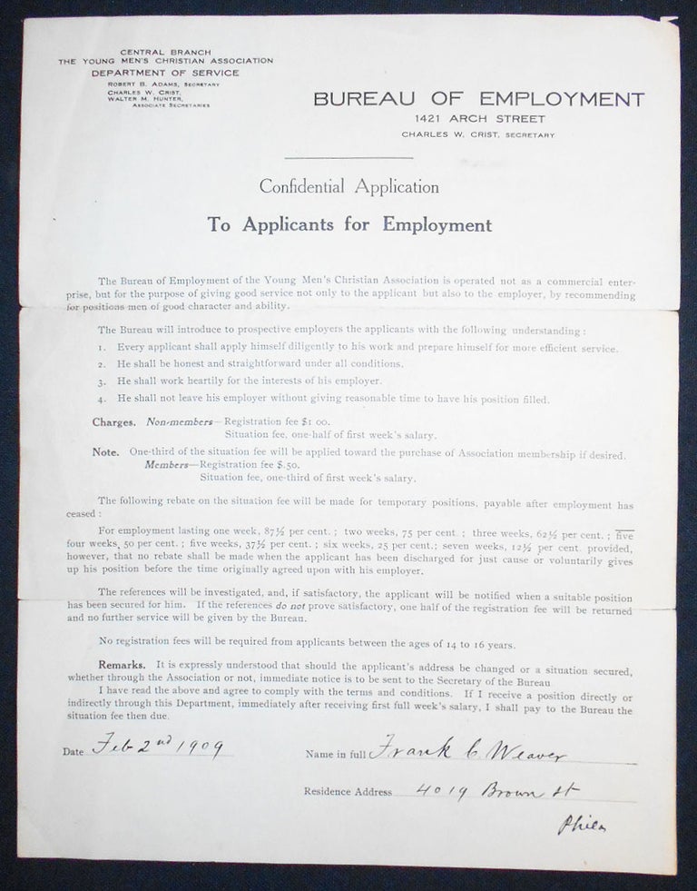 Item #007306 Confidential Application [application for employment to YMCA Department of Service]. Frank C. Weaver.