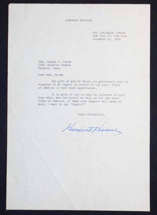 Item #007318 1 typed letter, signed by President Herbert Hoover, on his personal stationery....