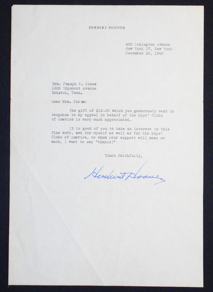 Item #007318 1 typed letter, signed by President Herbert Hoover, on his personal stationery. Herbert Hoover.