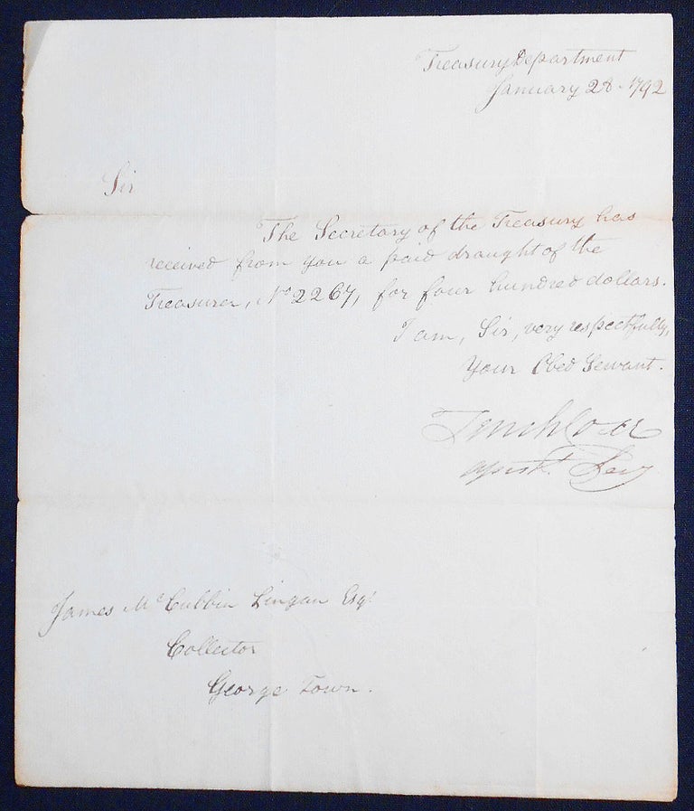 Item #007320 Autograph signed letter as Assistant Secretary of the Treasury to James McCubbin Lingan. Tench Coxe.