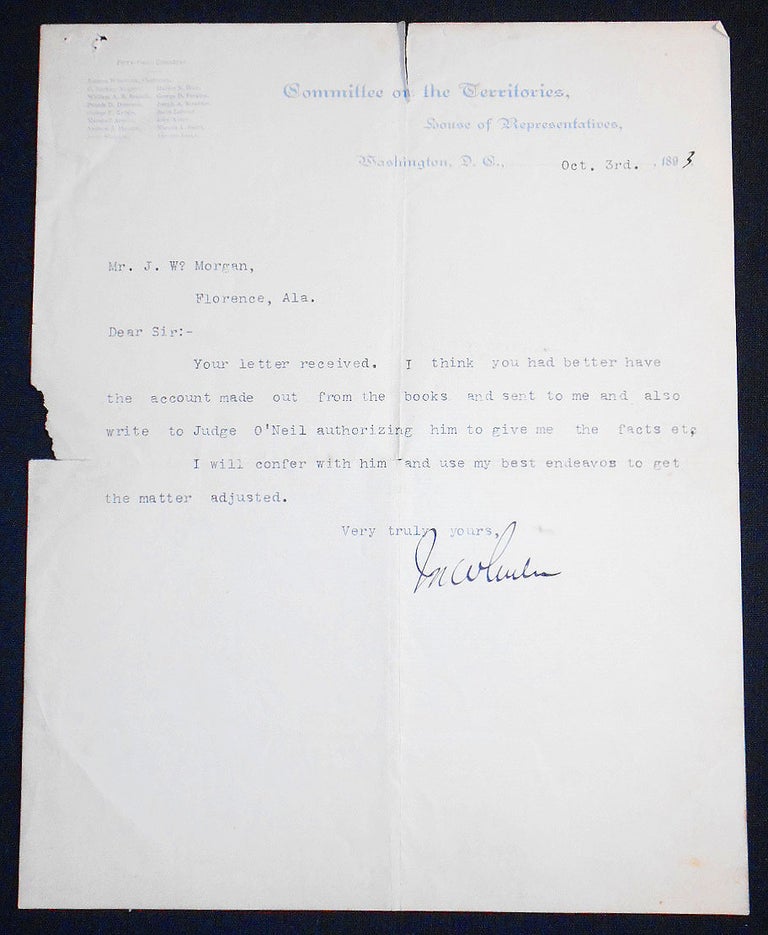 Item #007322 Typed letter signed by Congressman Joseph Wheeler (Fighting Joe Wheeler). Joseph Wheeler.