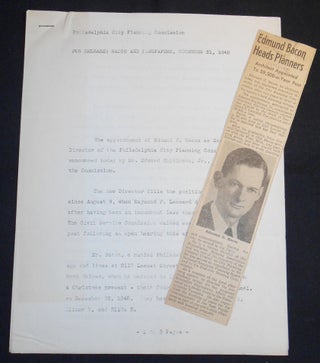 Item #007324 Philadelphia City Planning Commission Press Release for Appointment of Edmund Bacon...