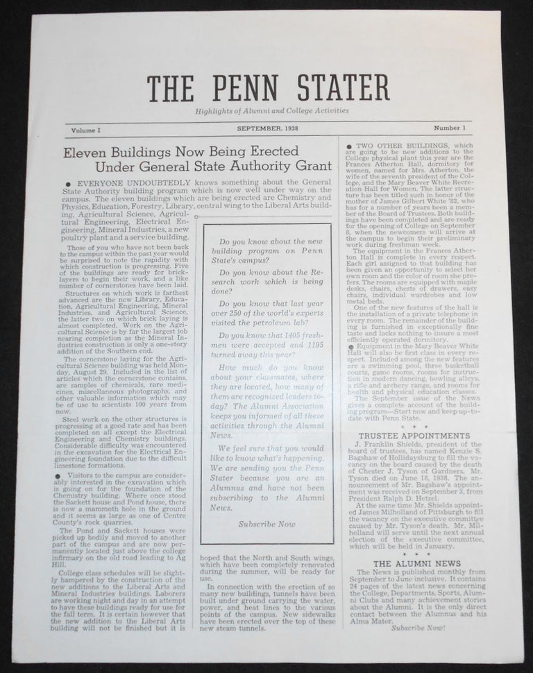 Item #007327 The Penn Stater: Highlights of Alumni and College Activities: September 1938, vol. I, no. 1