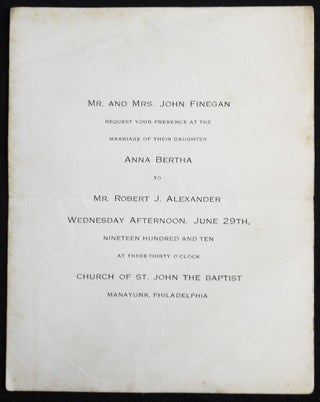 Item #007377 Wedding Invitation to Wedding of Anna Bertha Finegan and Robert J. Alexander