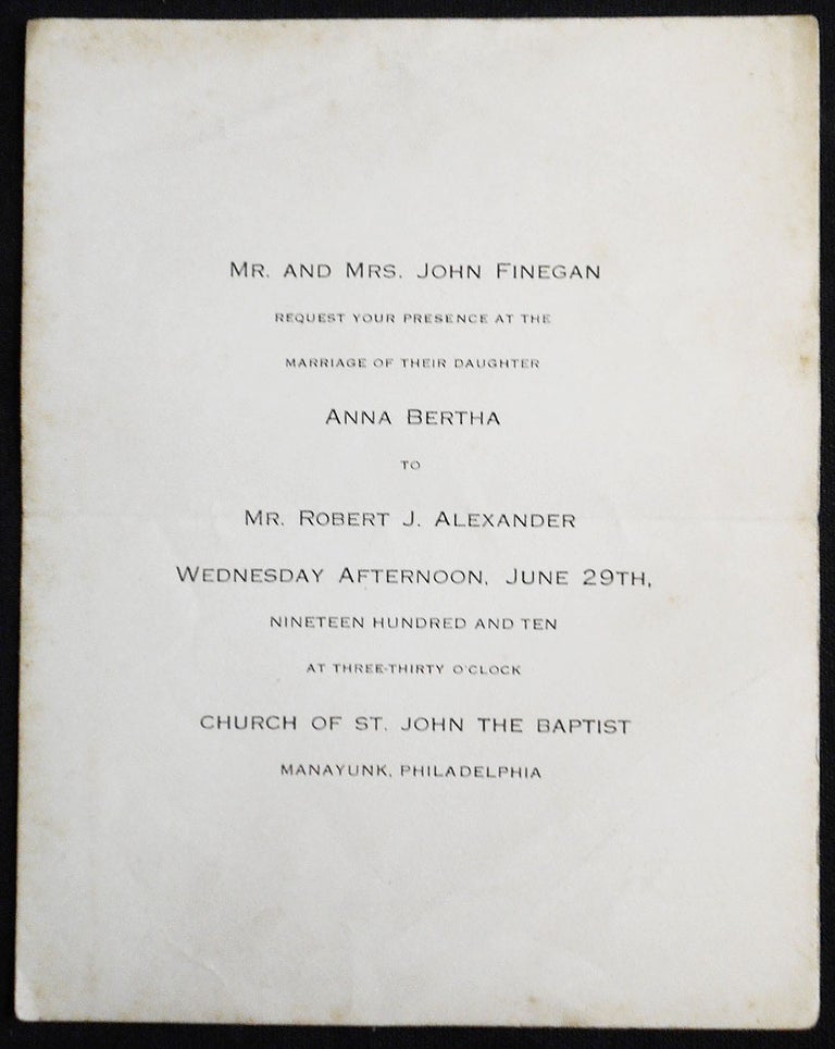 Item #007377 Wedding Invitation to Wedding of Anna Bertha Finegan and Robert J. Alexander