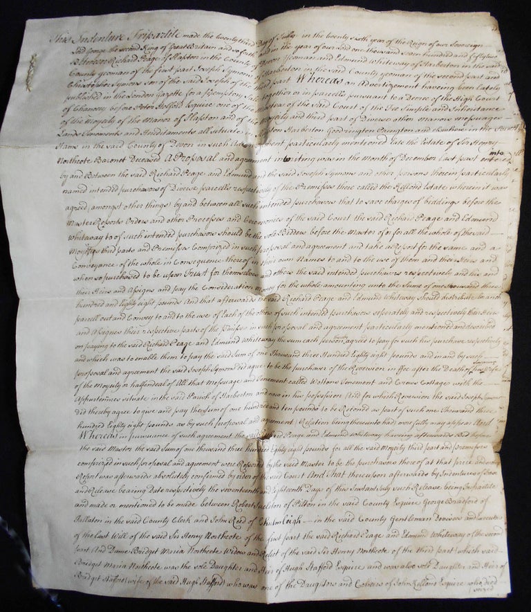 Item #007383 Handwritten true copy made in 1776 of the 1752 Tripartite Indenture relating to the Manor of Slapton, Devon County, England