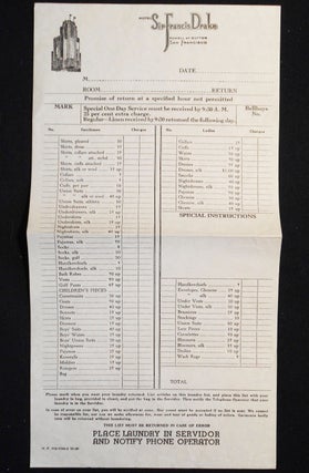 Item #007410 Hotel Sir Francis Drake laundry service form