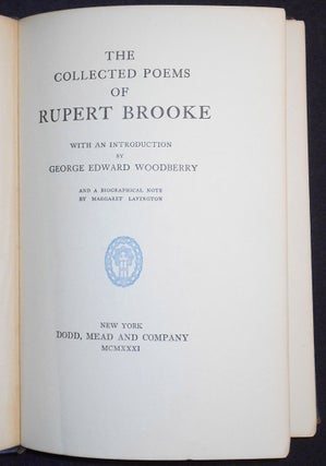 The Collected Poems of Rupert Brooke; With an Introduction by George Edward Woodberry and a Biographical Note by Margaret Lavington [provenance: Katinka Loeser]
