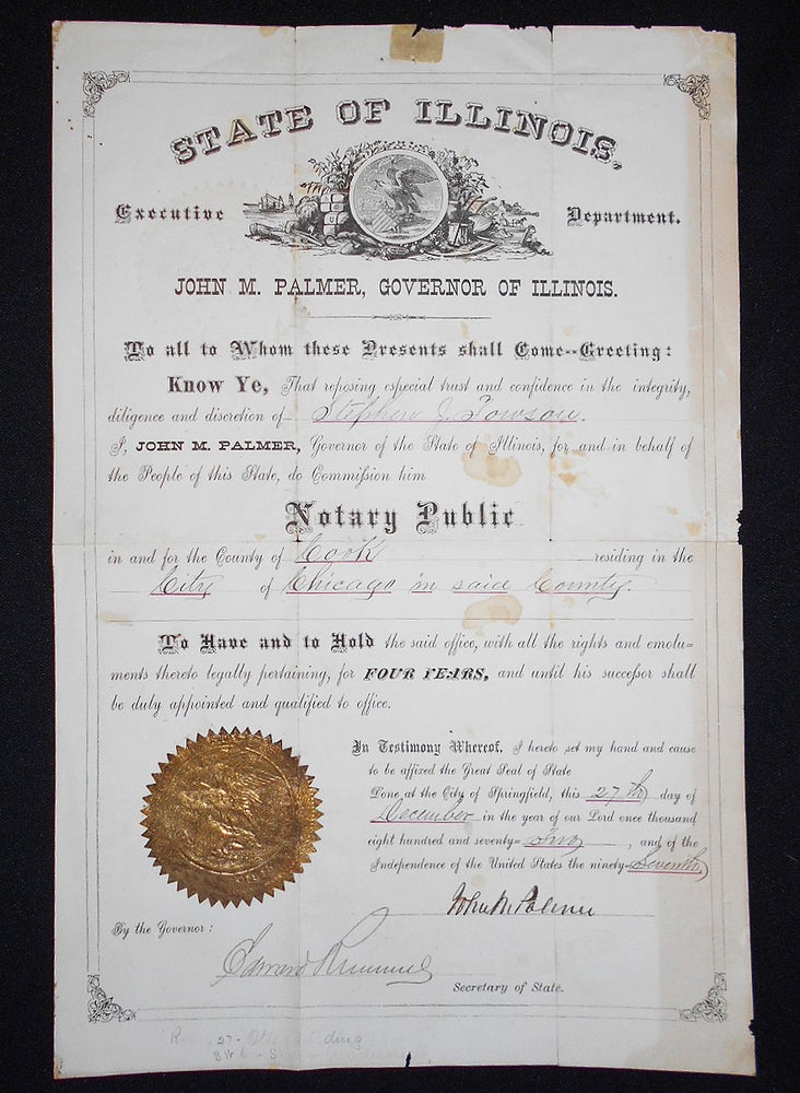 Item #008201 Commission of Stephen J. Towson as Notary Public of Cook County, Illinois. John M. Palmer.