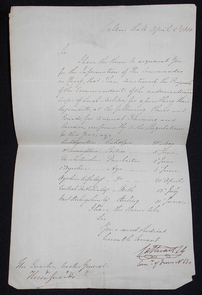 Item #008207 Handwritten letter, signed by Sir William Cathcart, about local militia training. William Schaw Cathcart, Sir.