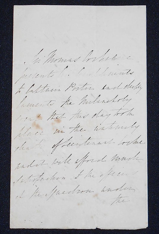Item #008208 Handwritten letter to Captain Porter concerning the accidental death of Lieutenant Cocke on the American ship Fox in the port of San Juan, Puerto Rico. Thomas Cochrane.