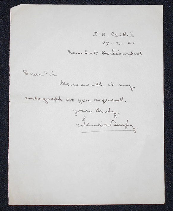 Item #008209 Handwritten letter signed by Admiral Lewis Bayly. Lewis Bayly.