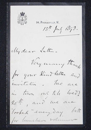 Item #008210 Handwritten letter on Naval and Military Club stationery, 13 July 1898. Bindon Blood
