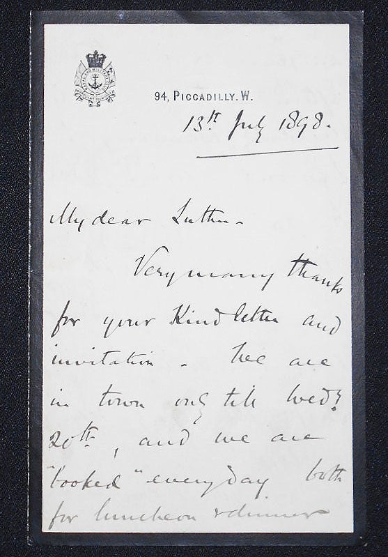 Item #008210 Handwritten letter on Naval and Military Club stationery, 13 July 1898. Bindon Blood.