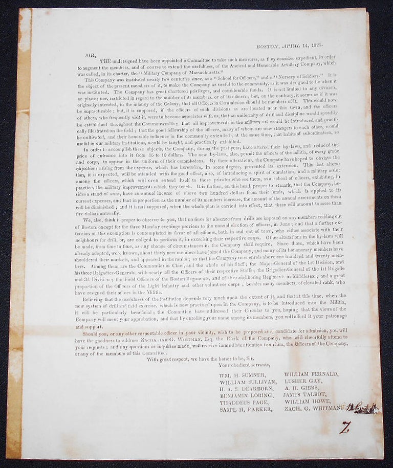 Item #008212 Printed letter from the Ancient and Honorable Artillery Company of Massachusetts soliciting new members, addressed to Thomas C. Amory. Ancient, Honorable Artillery Company of Massachusetts.
