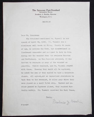 Item #008213 Type letter, signed by journalist Frederic J. Haskin on Syracuse Post-Standard...