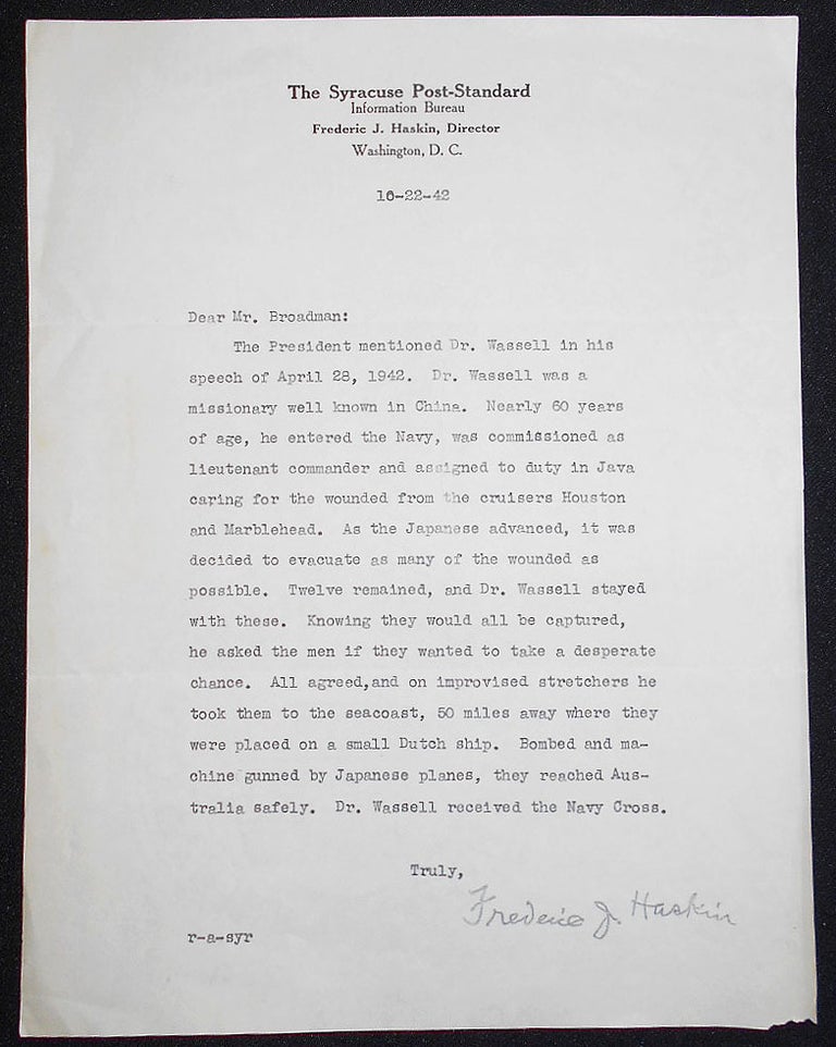 Item #008213 Type letter, signed by journalist Frederic J. Haskin on Syracuse Post-Standard letterhead. Frederic J. Haskin.