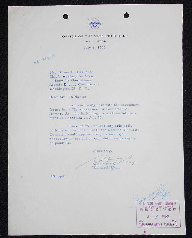 Item #008214 Typed letter, signed, on Office of the Vice President letterhead, regarding Christian A. Herter, Jr. Richard Nixon.