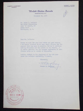 Item #008215 Typed letter, signed by Hubert Humphrey as U.S. Senator, to Bryan F. LaPlante....