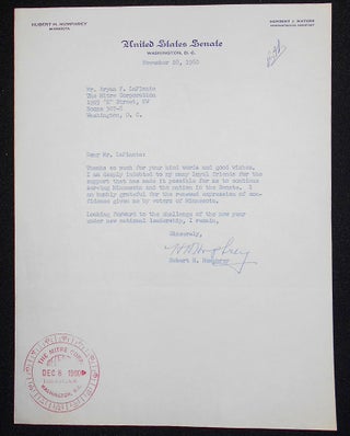 Item #008215 Typed letter, signed by Hubert Humphrey as U.S. Senator, to Bryan F. LaPlante....