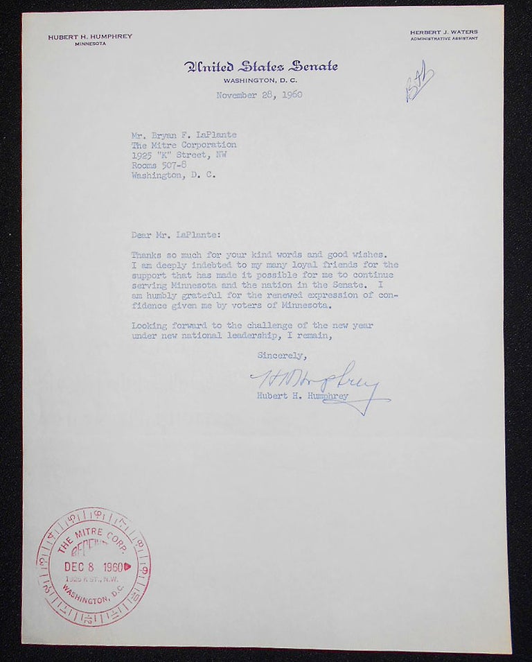 Item #008215 Typed letter, signed by Hubert Humphrey as U.S. Senator, to Bryan F. LaPlante. Hubert H. Humphrey.