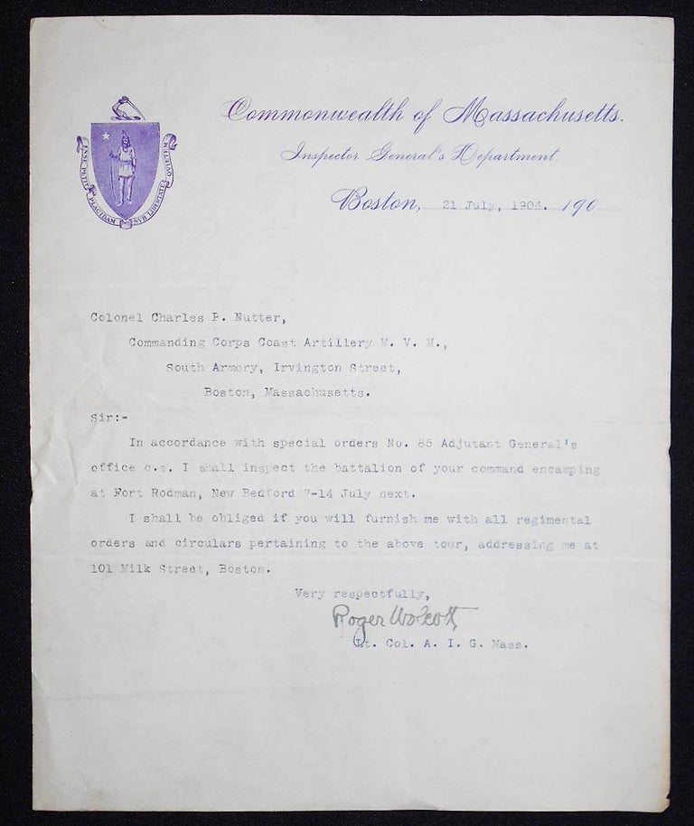 Item #008217 Typed letter, signed by Lt. Col. Roger Wolcott, Assistant Inspector General, to Col. Charles P. Nutter, Coast Artillery. Roger Wolcott.